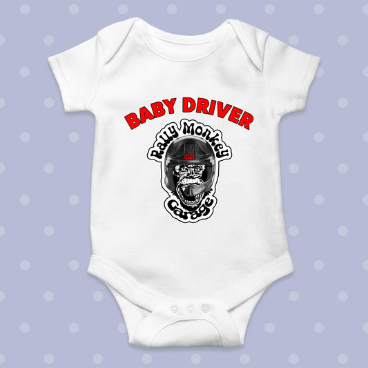 Rally Monkey Garage White Baby Grow