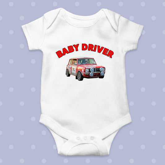 Mini Rally Car White Baby Grow